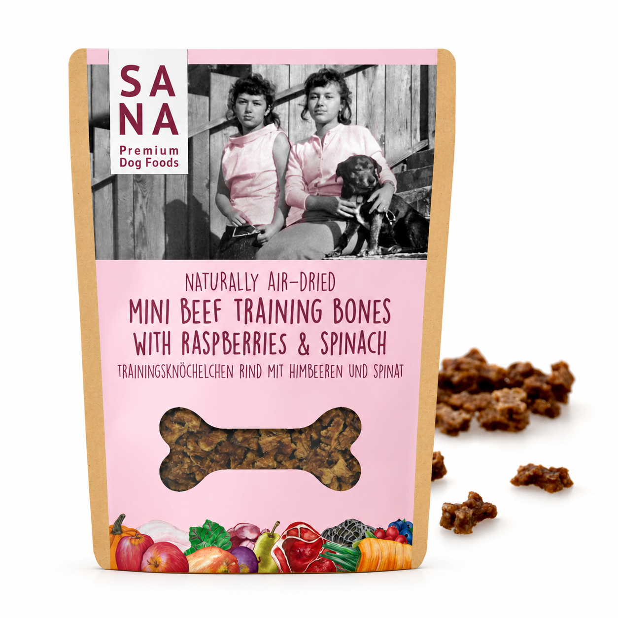 SANA DOG mini jautiesos skanėstai su avietėmis ir špinatais 100g