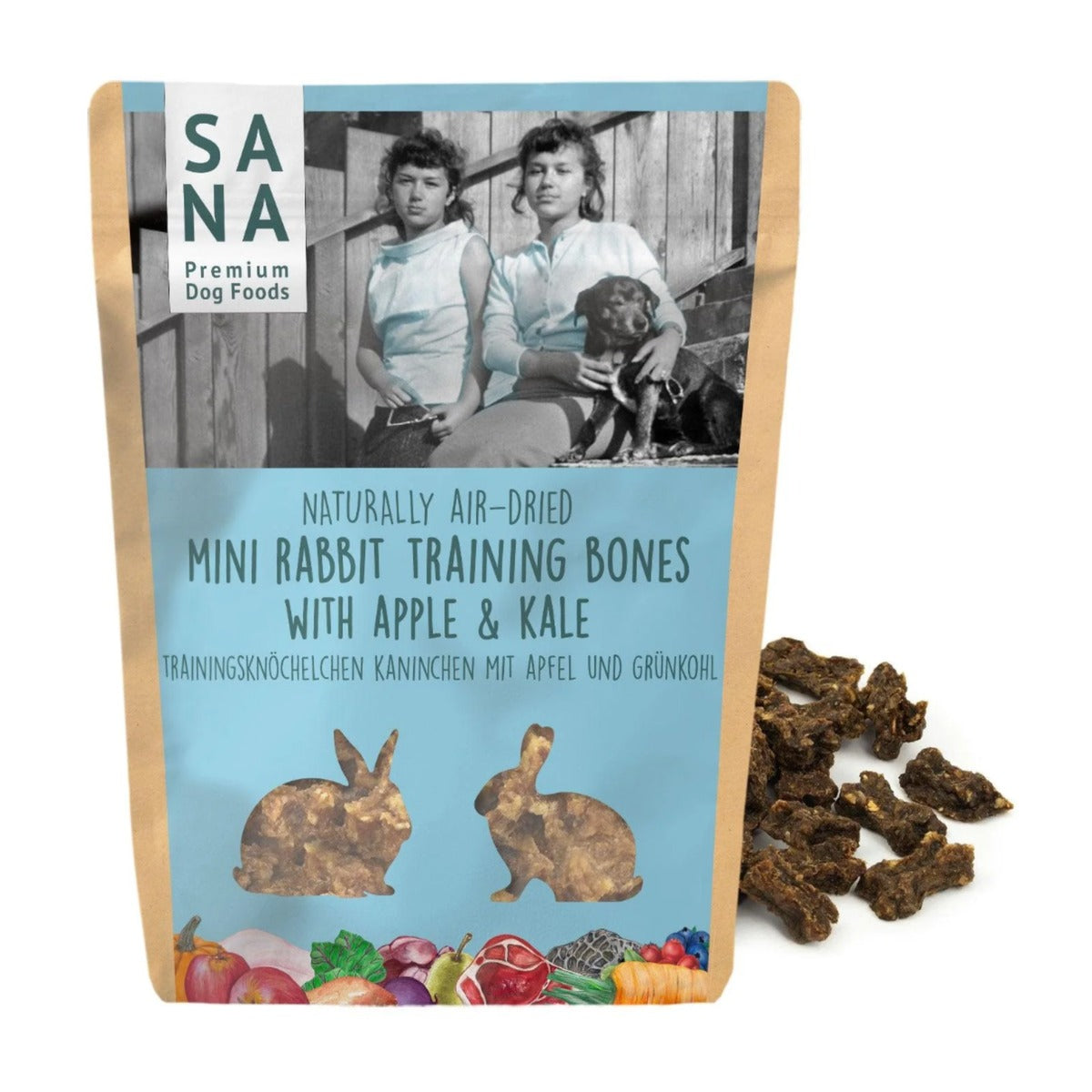 SANA DOG mini triušienos skanėstai su obuoliais ir lapiniais kopūstais 100g